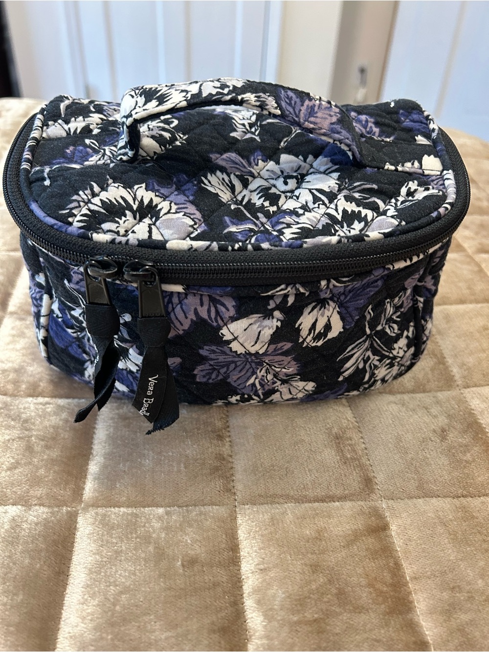 Vera Bradley Quilted Floral Cosmetic Case in Black, White & Blue